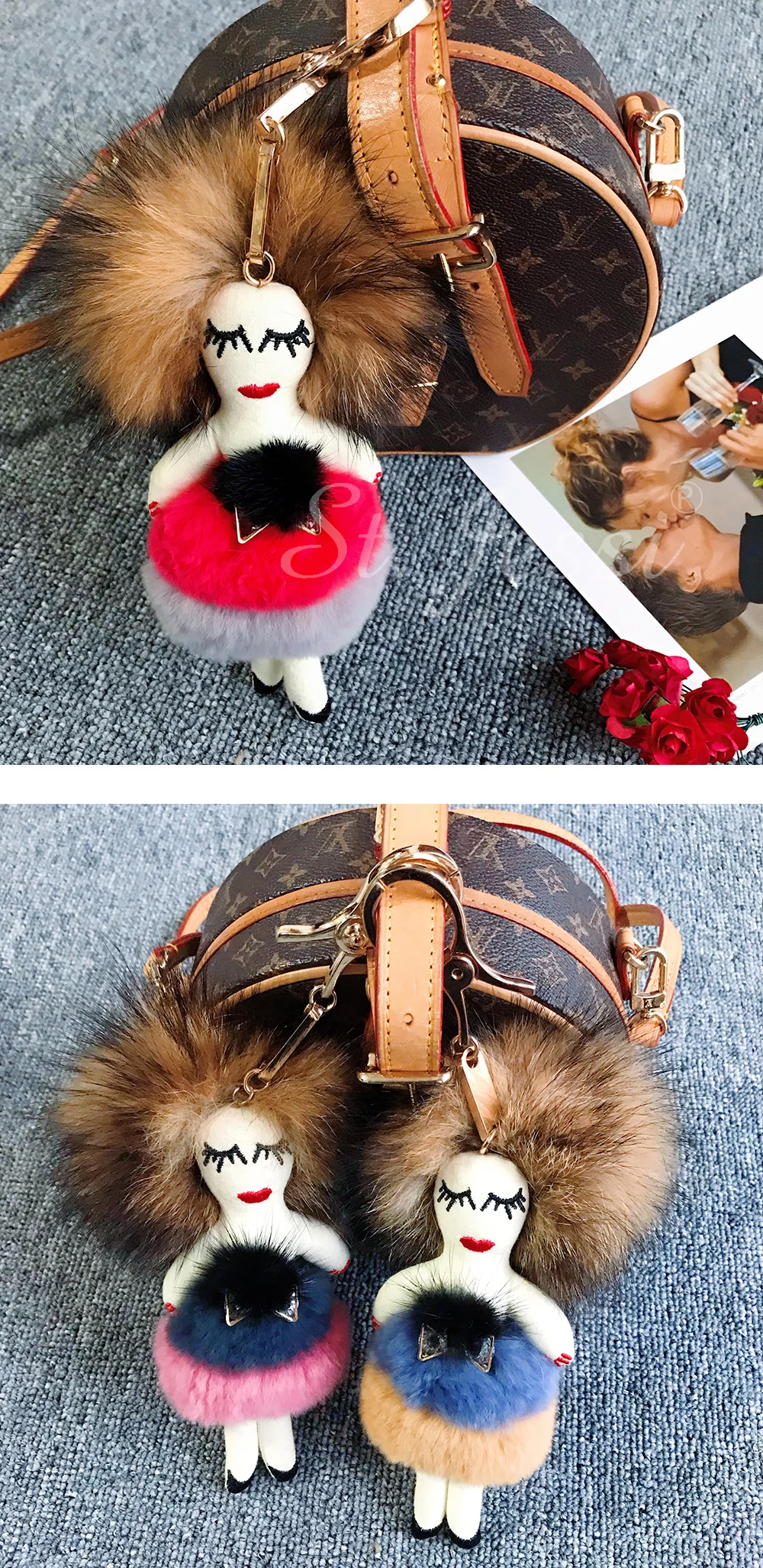 Modern Girl Grazy Women Real Rex Rabbit Fur Keychain Fluffy Doll Fur Pompon Bag Charm Keyring Luxury Car Key Pendant Accessories