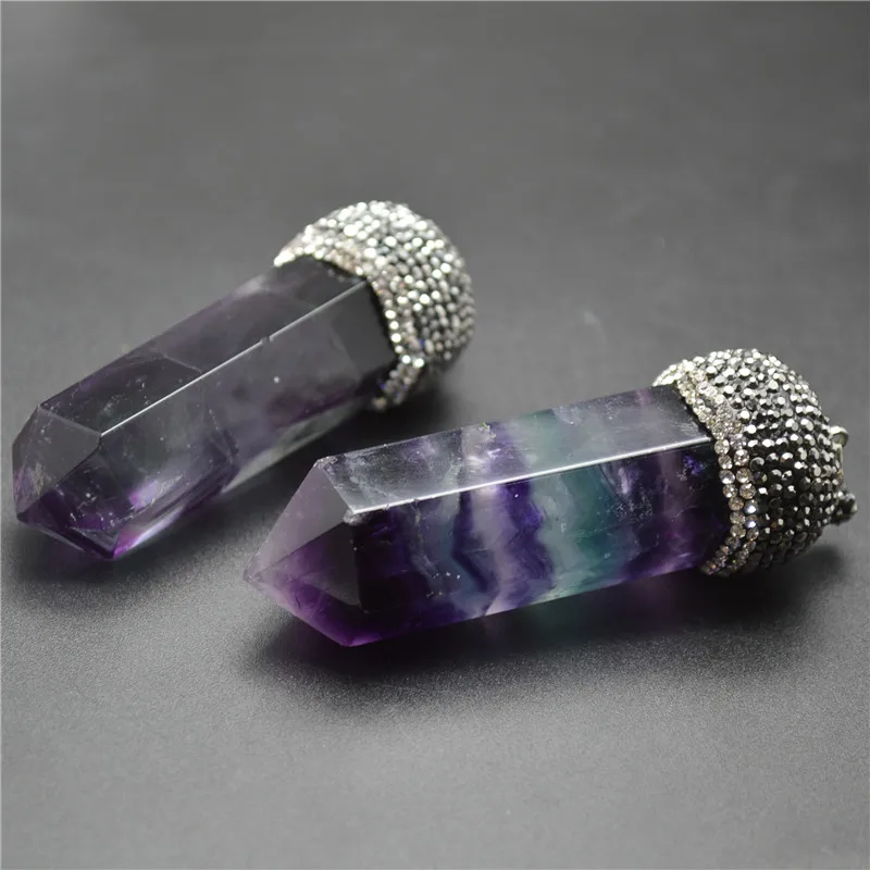 

1PC Natural Fluorite Pillar Point Pendant Paved Crystal Beads on Top Fit Necklace Jewelry Making