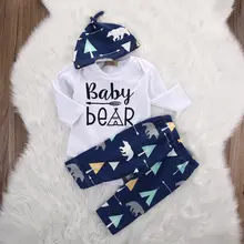 Newborn Girl Boy Baby Bear Cotton Long Pants Hat 3pcs Outfits Set Clothes