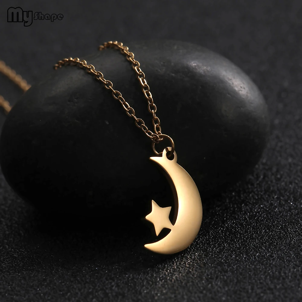 

My Shape Curved Moon and Star Pendant Stainless Steel Gold Silver Fashion Jewelry for Women Girls