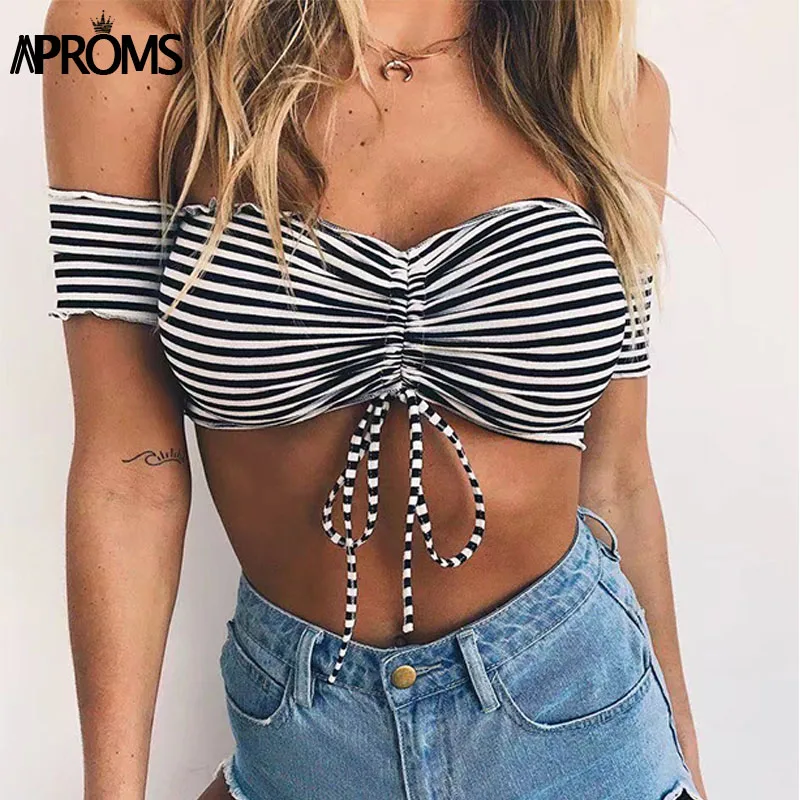 

Aproms Sexy Ruffles Skinny Black White Striped Tank Top Female Streetwear Knitted Crop Top 2019 Casual Summer Camis Vestidos