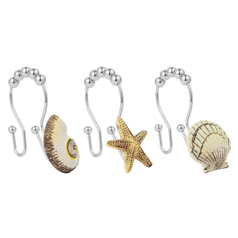 

New-Sea shell conch starfish Double Hooks Glide Shower Ring Hangs For Both Shower Curtain and Liner 12-Pack