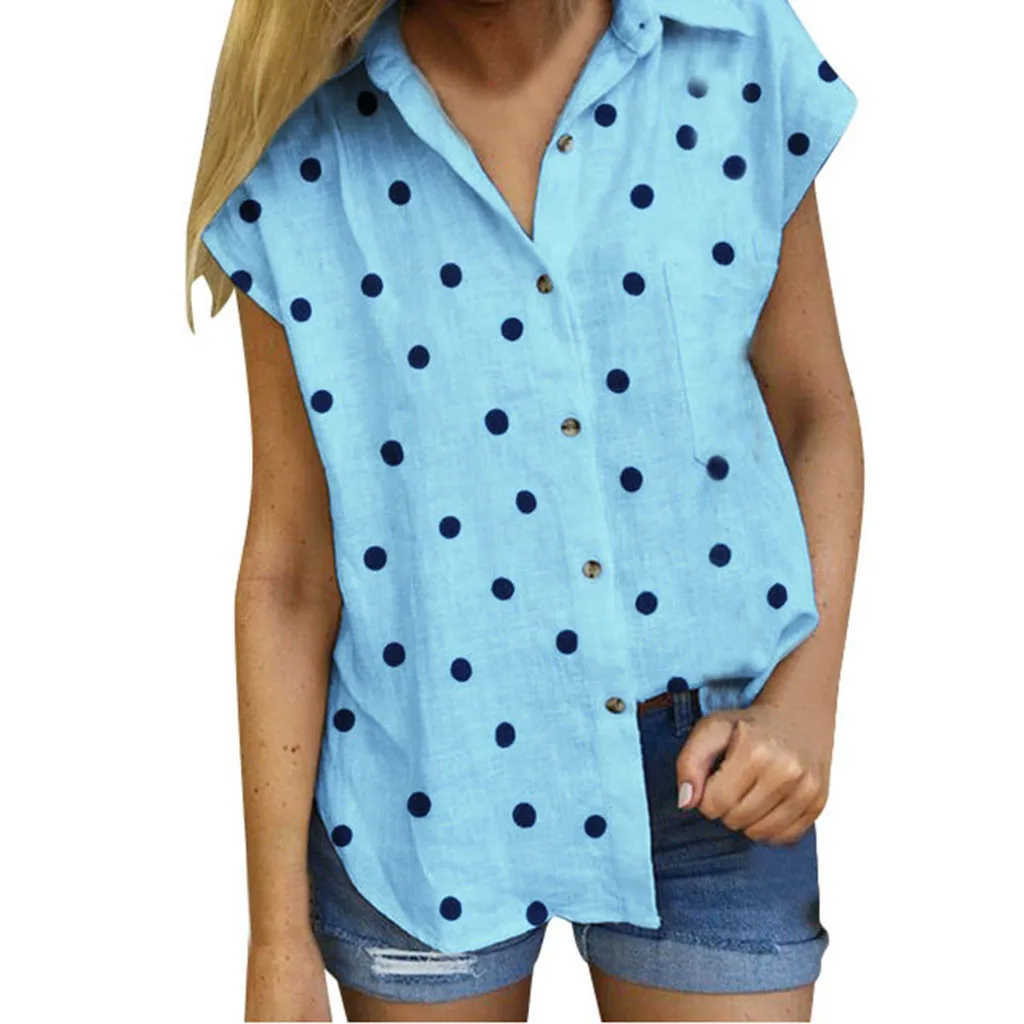 

Women's Lapel Neck Shirt Blouse Summer Casual Polka Dot Print Shirt Tops Loose Sleeveless Top Blouse Blusas Femininas @40