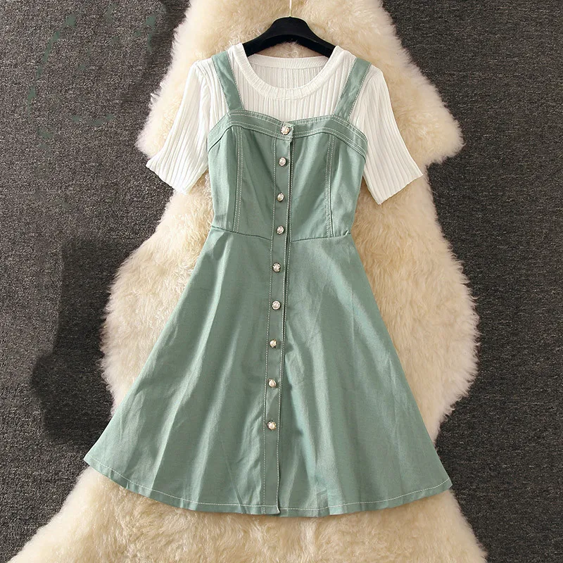 

Taotrees Fashion Summer Dress Two-piece Set Womens Outfits White Short Sleeve T-shirt +single Breasted Straps Dress Suits