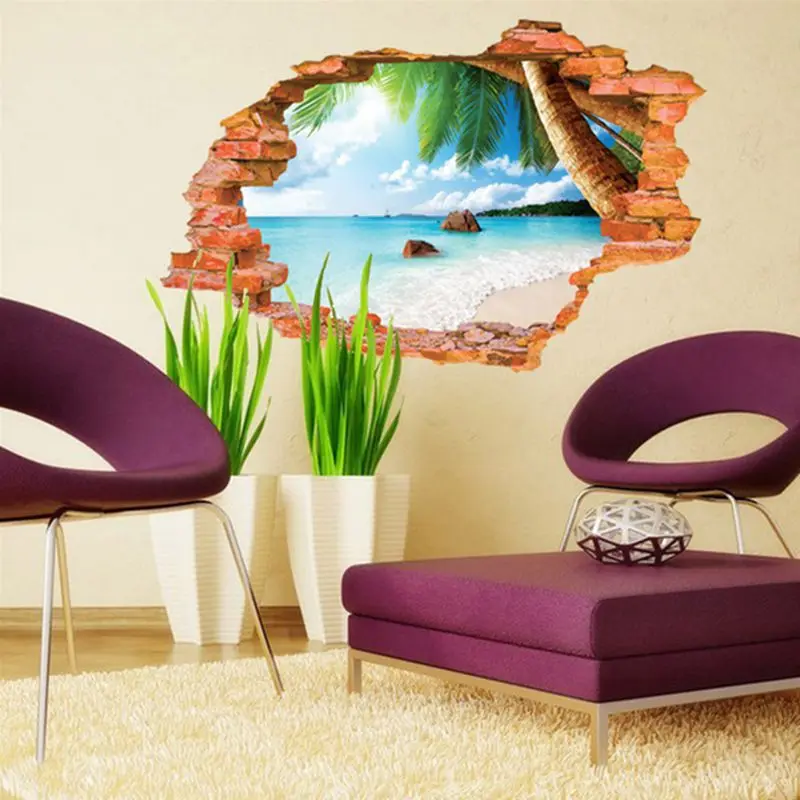 

60*90cm Beach removable waterproof 3d wall stickers home decor pvc poster fashion creative wall sticker adesivo de parede XYQT03