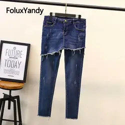 Одна деталь джинсы для женщин High Street джинсовые узкие брюки для кисточкой Поцарапанные Джинсы голубые, брюки KKFY2926