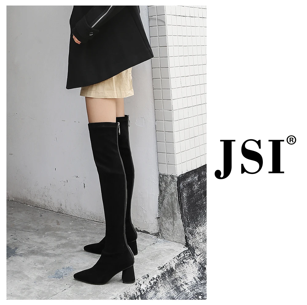 JSI Women Sexy Over The Knee High Boots Pointed Toe High Heel Flock Shoes New Fashion Square Heel Slip-On Women Boots JO272