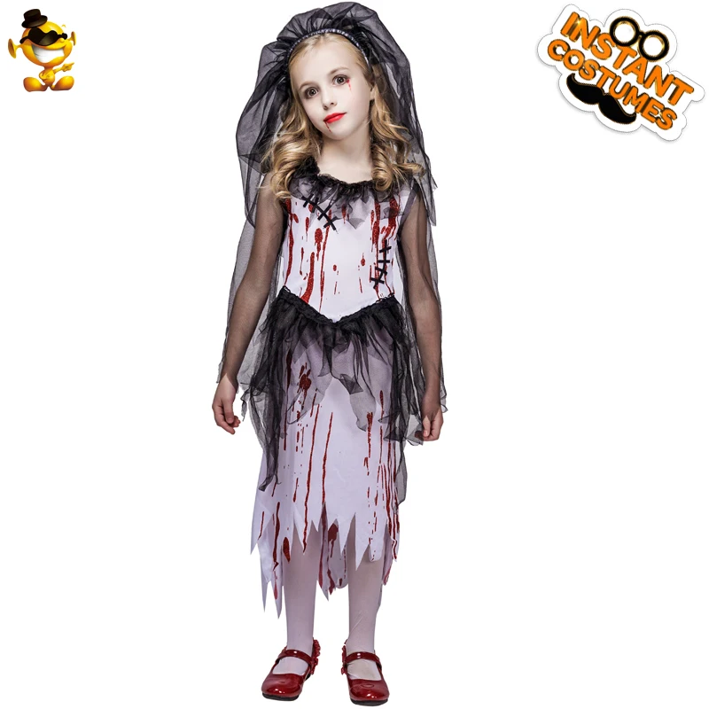 

DSPLAY Girls Bloody Bride Costume Kid's Fashionable Horror Bloody Zombie Halloween Fancy Dress Costumes