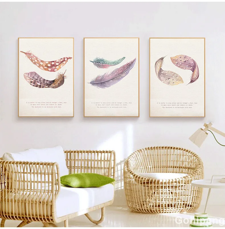 Chinese Style Colored Feathers Canvas Painting Letter Quote Picture Art Print Living Room Bderoom Wall Decor Poster Painting