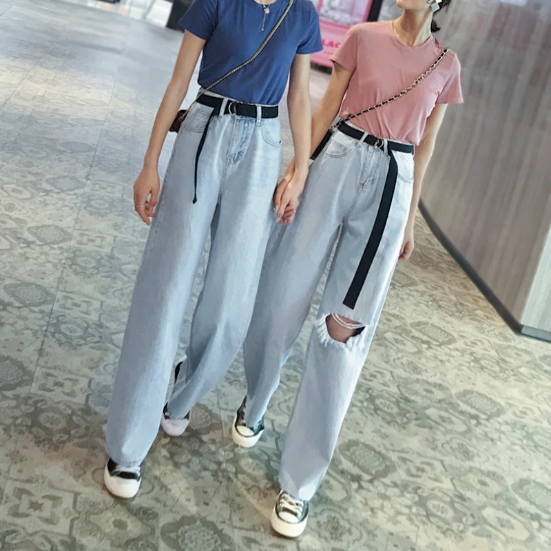 

2019 new spring and summer Fashion casual loose plus size cotton high waist female women girls brand hole straight jeans clothes