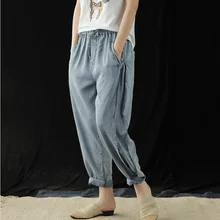 Летние джинсы модные женские свободные джинсы с эластичной резинкой на талии новые женские повседневные джинсовые брюки с карманом и бантом Mori girl