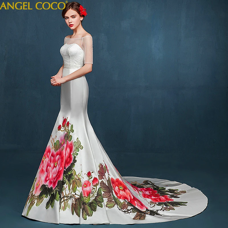 

Original Custom Silk Satin Mermaid Wedding Dress Chinese Hand-Painted Wedding Gown Strapless High-End Catwalk Robe De Mariee
