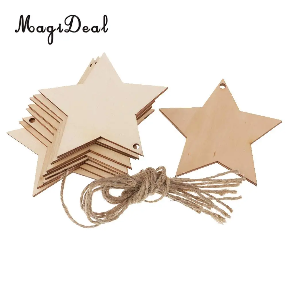 MagiDeal Unfinished 10Pcs Wood Five Pointed Star Shapes Tags Craft Embellishment & Twine DIY for Decoupage Print Paint Project