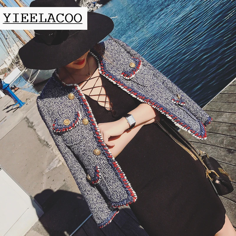 

Blue tweed jacket 2019 autumn /winter women's jacket new long-sleeved hit color ribbon metal buckle jacket