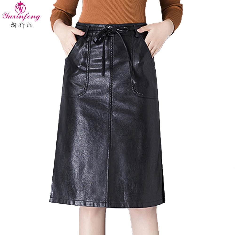 Yuxinfeng 4XL Women Pu Leather Skirt Straight Sashes Knee Length Skirts