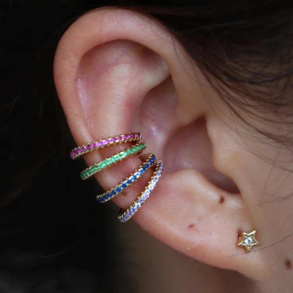 

Elegant Women Crystal CZ Circle cuff colorful Ear Cuff Wrap Clip Cartilage Earrings 925 sterling silver Faux Piercing Jewelry