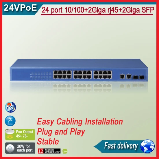 

TS6126P 24 port 10/100+2Giga rj45+2Giga SFP 24v POE Switch