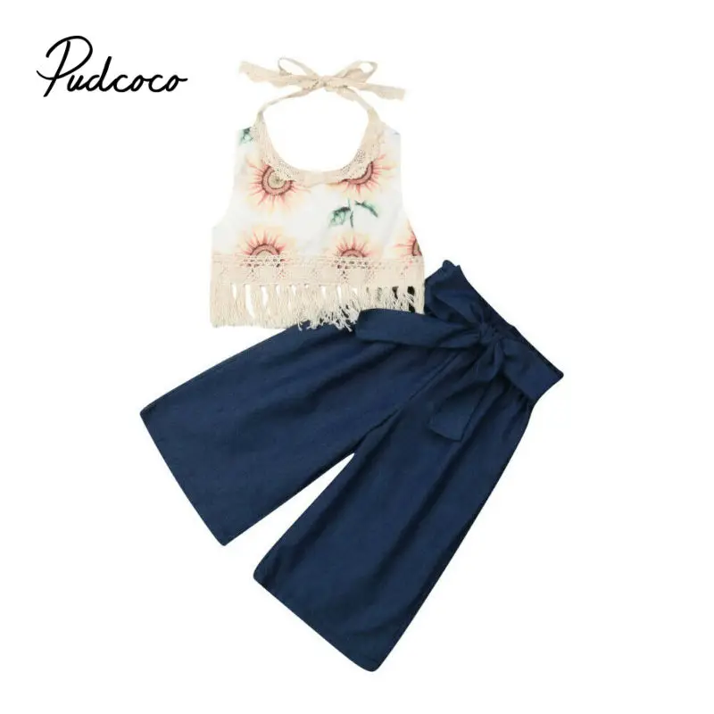

Toddler Baby Girl Clothes Sunflower Print Tops Crop Long Pants Summer Girls Outfits Tassels Girls Set Clothing Kids Clothes Set