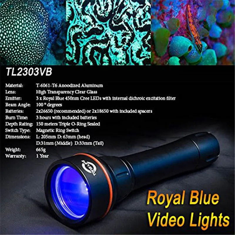 

Fluo Night Dive Lights Reef Coral Royal black Diving Video Torch 3pcs 450nm Royal Blue Led 150m Waterproof Scuba Lamp