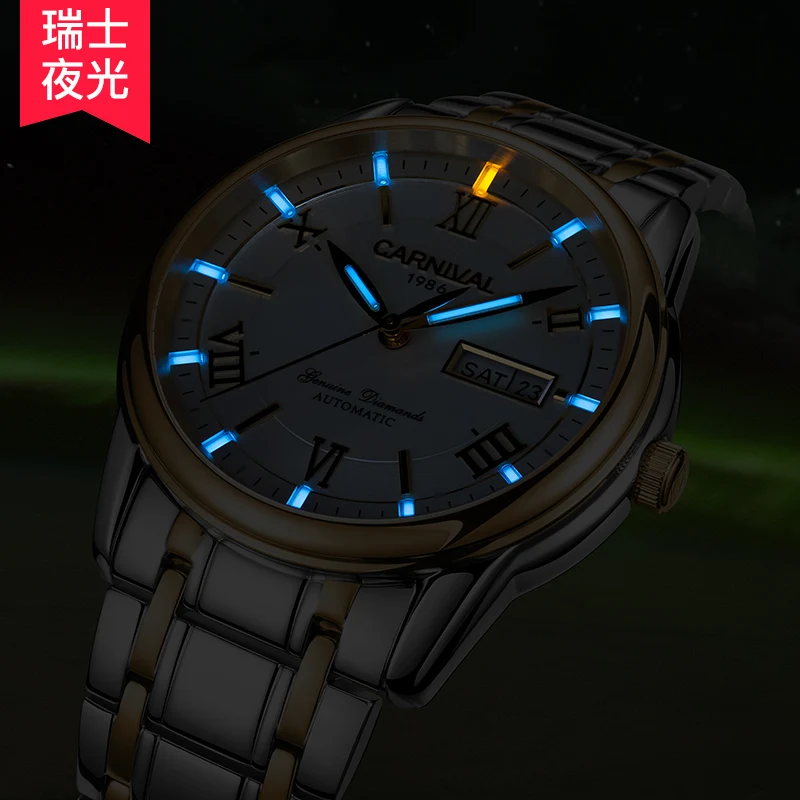 Часы Carnival Tritium T25 с двойным календарем автоматические механические часы для