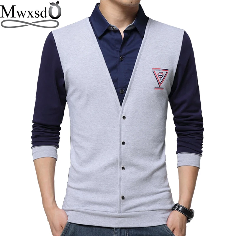 

high quality Mwxsd brand men slim fit fake two piece cotton shirts Men's long sleeve cotton Shirt male shirt Asian size 4xl 5XL