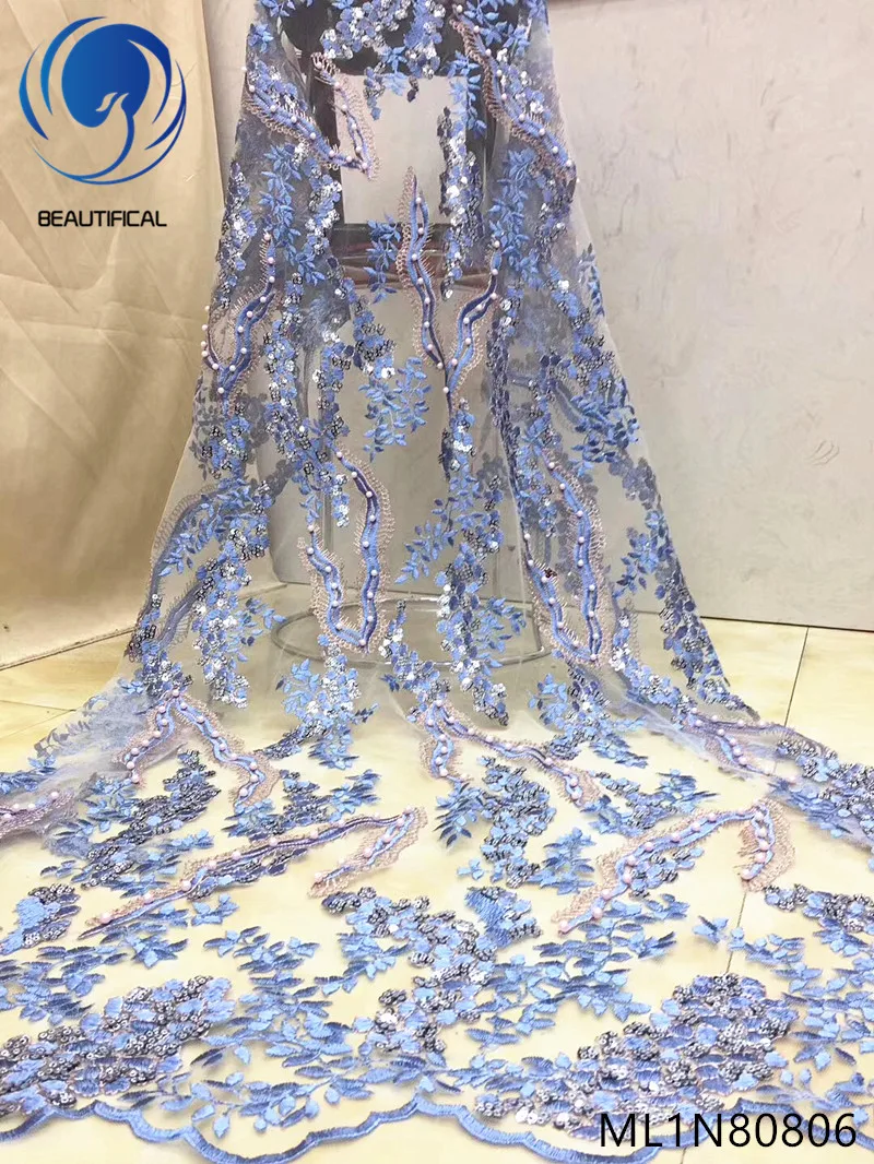 

Beautifical nigerian lace fabrics Fashion style net lace with sequins fabric 5yards embroidery french lace beads ML1N808