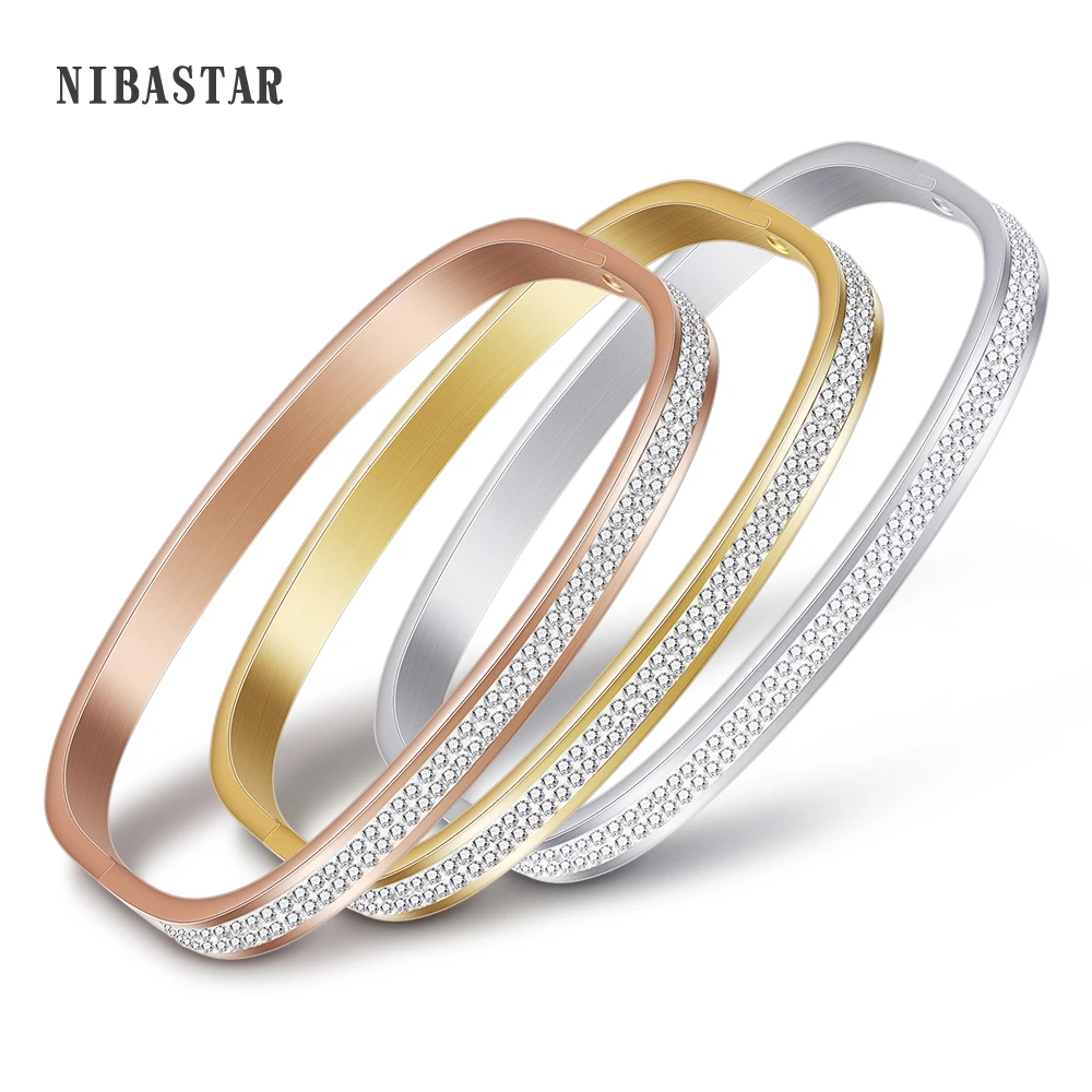

Fashion Wedding Bangle Jewelry Square Shape 316L Stainless Steel AAA Austrian Crystal Bangle 3 Colors for Wedding Jewelry