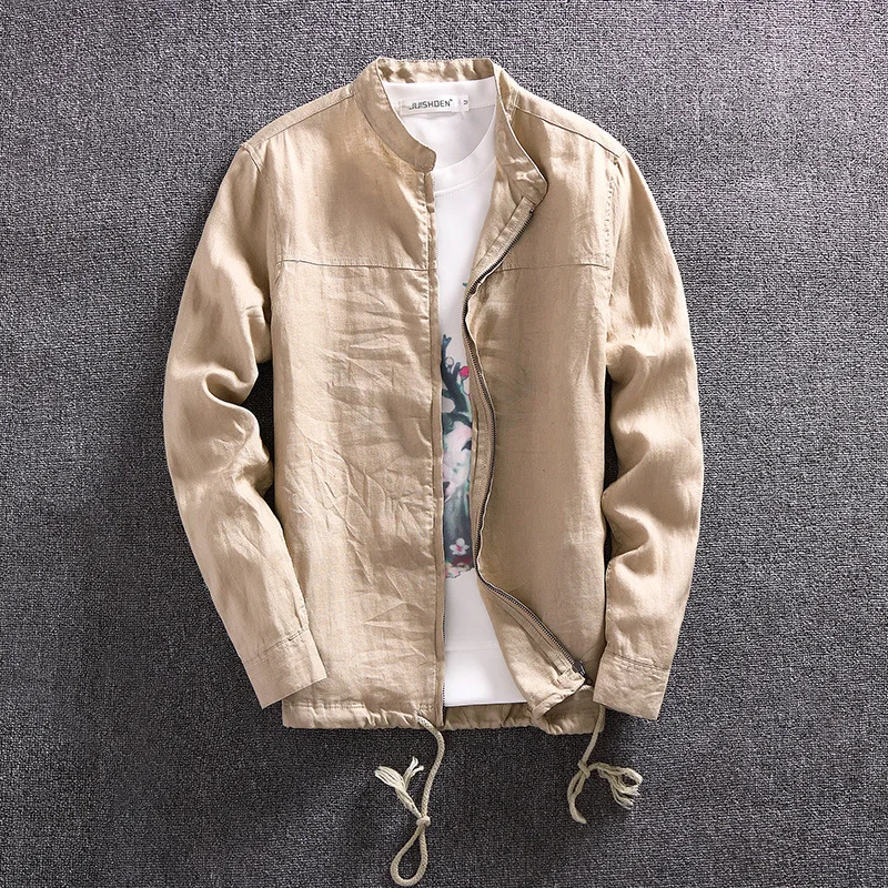 

YuWaiJiaRen Spring Autumn Casual Cotton Linen Jacket Men Breathable Zipper Stand Collar Outerwear Thin Jacket Coat Chinese Style