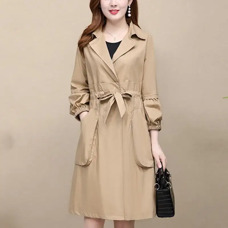 khaki Модная весенняя одежда Женская Осенняя Верхняя одежда Женский Тонкий Повседневный плащ с длинным рукавом на шнурке ветровка A23 - Цвет: khaki