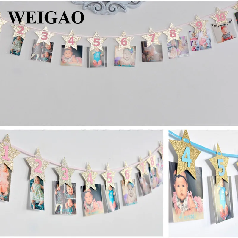 

WEIGAO 1Set Baby Shower 1-12 Months Photo Album Banners 1st Birthday One Year Baby Birthday Party Backdrop Decor String Flags