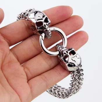 

Punk Style Skull Heads Silver Color Clasp 12mm Wide Stainless Steel Figaro Rolo Chain Bracelet For Men's Cuff Wholesale Jewelry