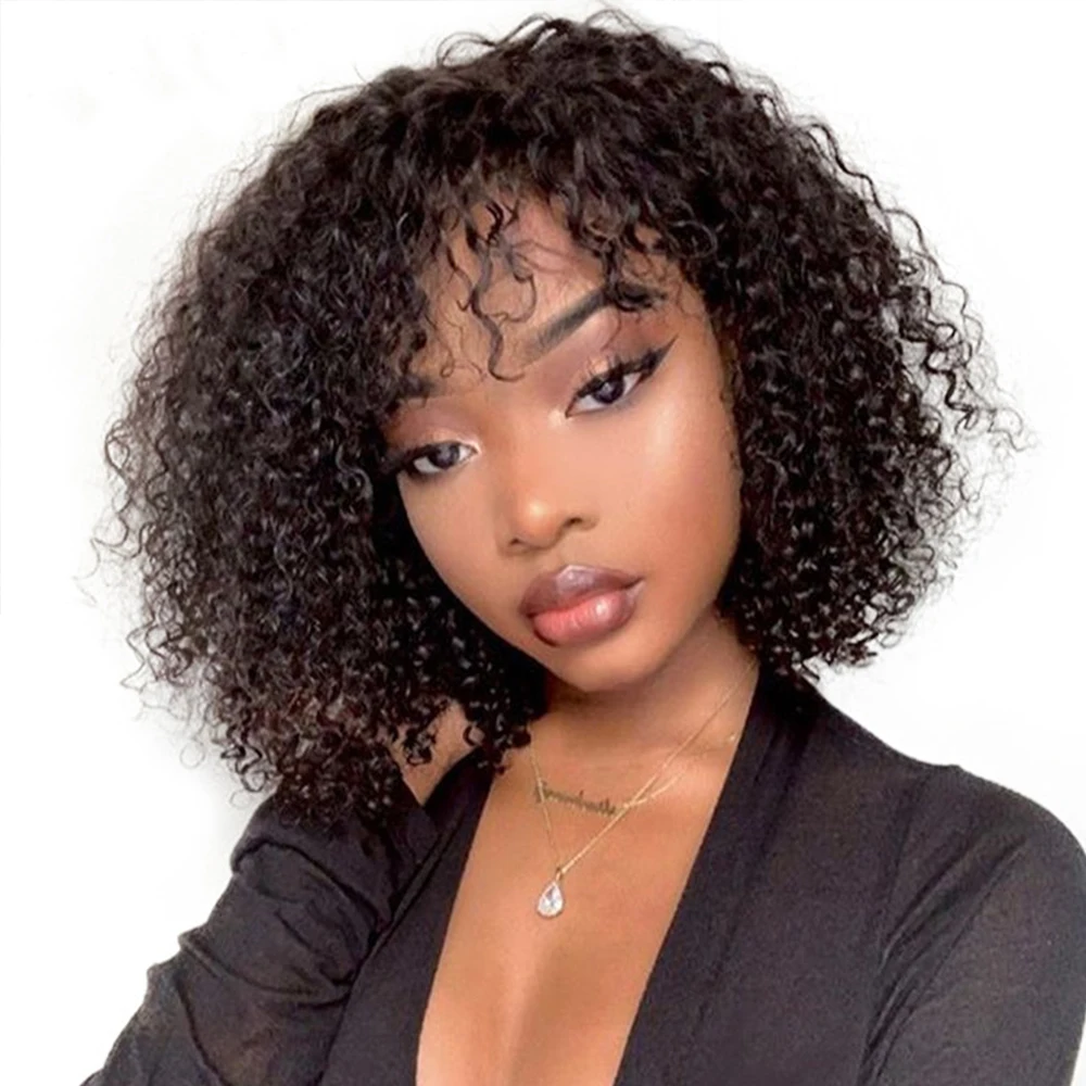 

Deep Curly Wigs Human Hair with Long Bangs Remy Kinky Curly 360 Lace Frontal Human Hair Wigs for Black Women