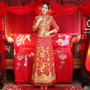 

Overseas Chinese Red Marriage Dress Set Elegant Long Qipao Classic Embroidery Dragon&Phoenix Cheongsam Bride Wedding Vestidos