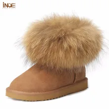 INOE fashion echtes kuh leder großen fuchspelz mädchen winter kurze knöchel-schneeaufladungen für frauen winter wohnungen schuhe schwarz high quality