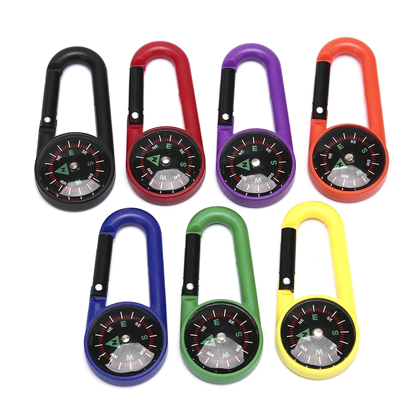 

7 Colors Compass Keychain Multifunctional Hiking Plastic Carabiner Mini Compass Thermometer Outdoor Camping Hanging Ring Compass