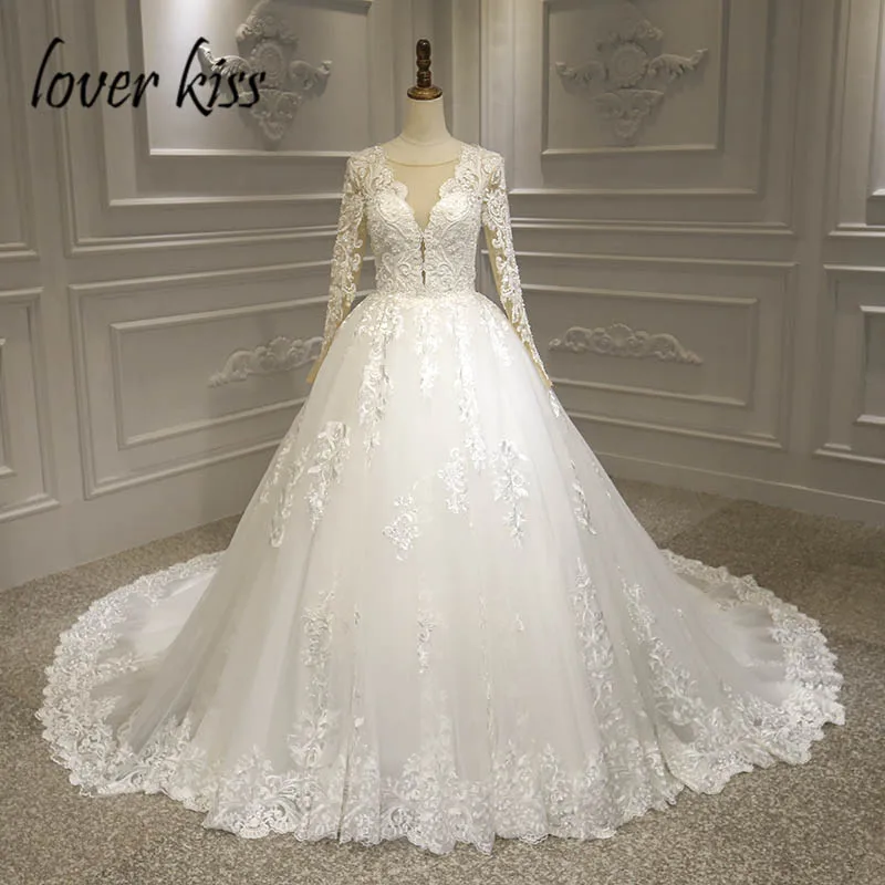 Lover Kiss Vestido De Noiva, кружевное свадебное платье принцессы с v-образным вырезом и длинным рукавом, свадебные платья для свадьбы, Robe de mariee - Цвет: Слоновая кость