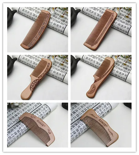 1pc Natural Peach Solid Wood Comb Engraved Peach Wood Healthy Massage Anti-Static Comb Hair Care Tool Beauty Accessories 6 Style