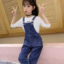 Джинсовые комбинезоны для маленьких девочек детские джинсы в полоску штаны-шаровары с принтом повседневные брюки новинка года, летний детский комбинезон в ковбойском стиле, штаны, Y901