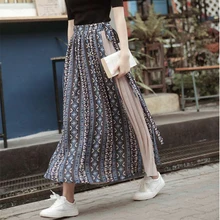 Плиссированные печати Лоскутные юбки Для женщин Повседневное Винтаж эластичная шнуровка шифоновая юбка летние пляжные свободные дышащие плюс Размеры юбки
