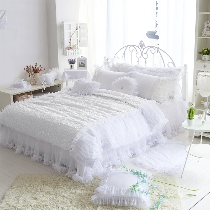 Lace princess 100%cotton bedding set comforter/duvet cover queen king 4/7pcs wedding white bed ...