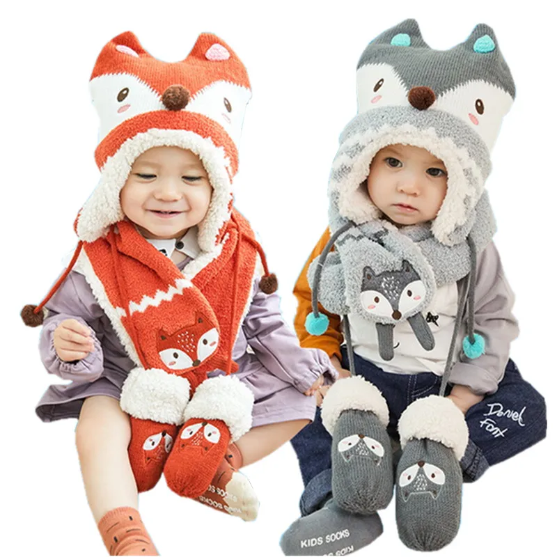 KF/_ Autumn Winter Cartoon Animal Children Baby Cotton Beanie Cap Scarf Set New