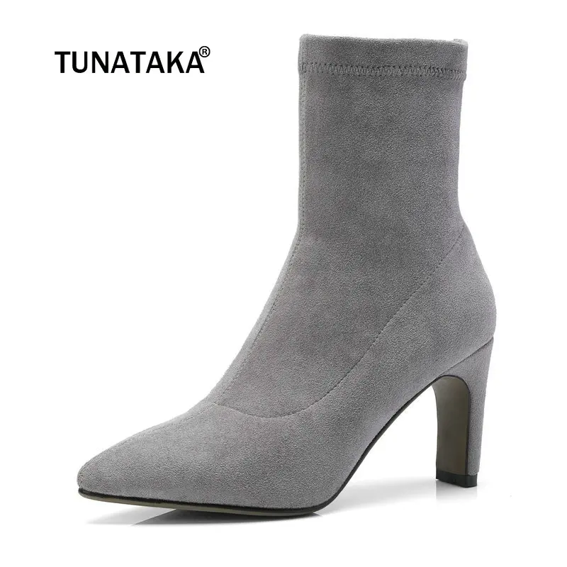 

Female Suede Square Heel Ankle Boots Fashion Slip On Pointed Toe Fall Winter Women Bootie Gray Black Brown