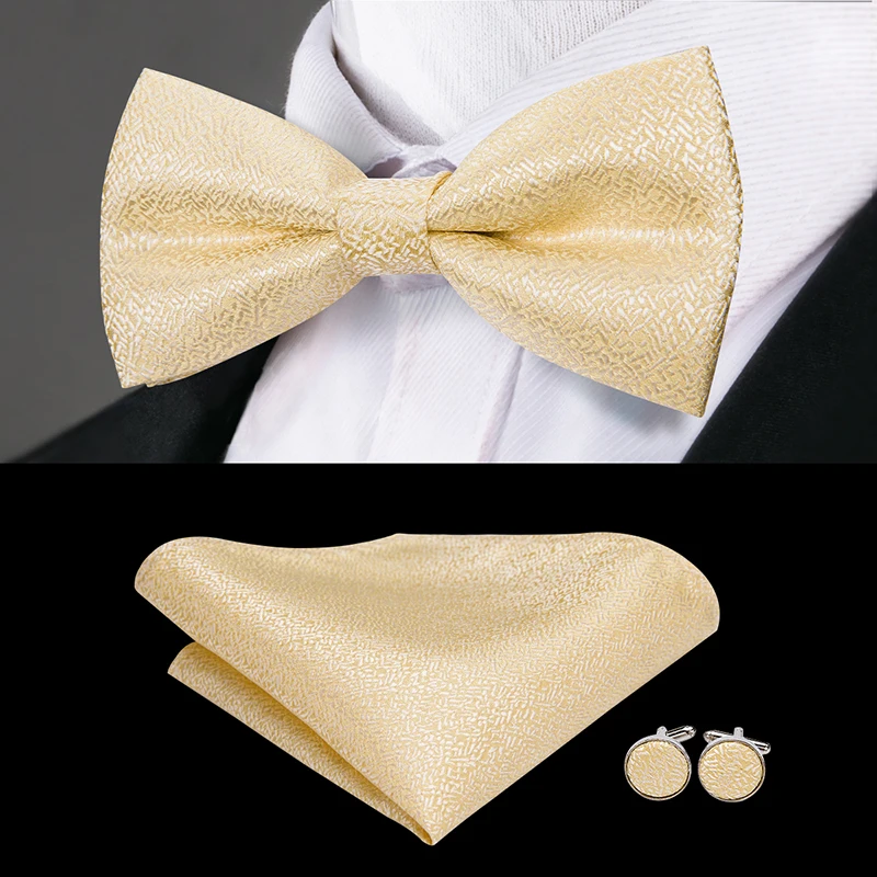Hi-Tie Classic Gold Bow Ties for Men Silk Butterfly Pre-Tied Bow Tie Pocket Square Cufflinks Set Wedding Party Yellow Bowtie