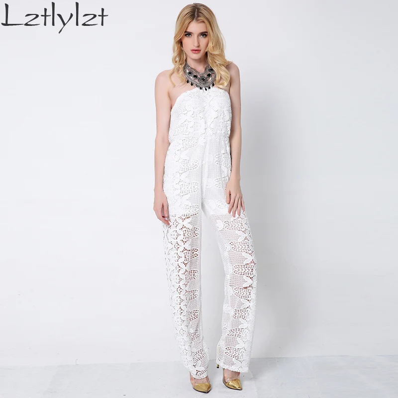 Lztlylzt Summer 2016 White Elegant Jumpsuit Long Pants Sexy Lace Hollow