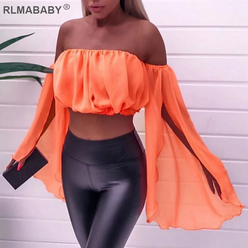 

RLMABABY Strapless Open Sleeve Summer Chiffon Crop Top Off Shoulder Long Split Sleeve Women Tops Ruffles Beach Party TShirts Top