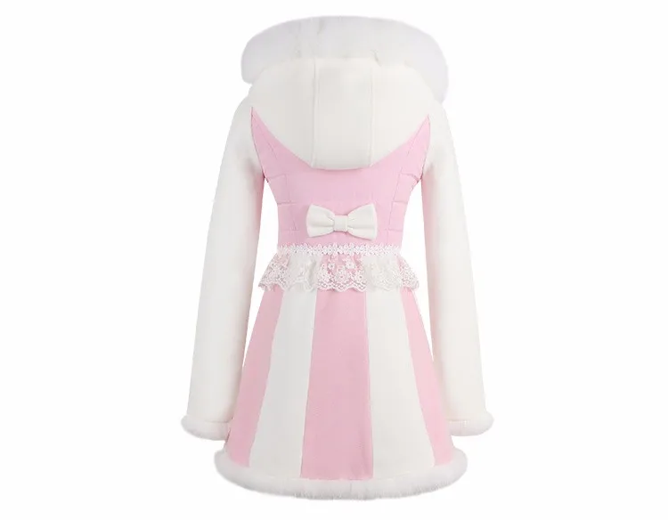 Милое розовое шерстяное пальто принцессы, яркое, дождевик, меховой воротник, кружевная вышивка, бант, украшение трапециевидной формы, милый японский дизайн, C16CD6188