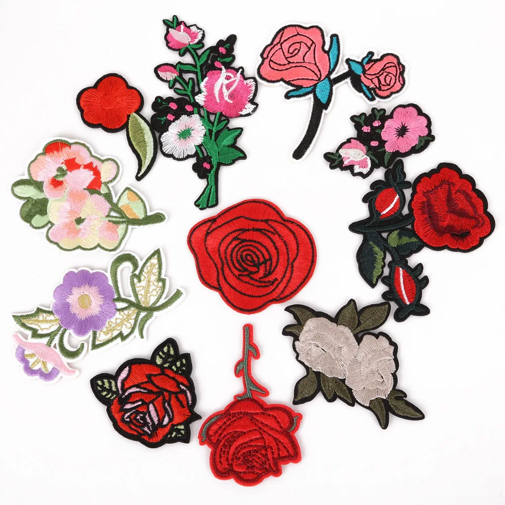 1 шт./лот нашивки с утюгом вышитыми красными розами аппликация для детей женщин