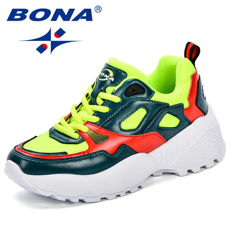 BONA/; женская обувь; кроссовки на плоской подошве; Zapatillas Deportivas; женская модная повседневная обувь; обувь на плоской платформе, увеличивающая рост; zapatos mujer - Цвет: Dark green F yellow