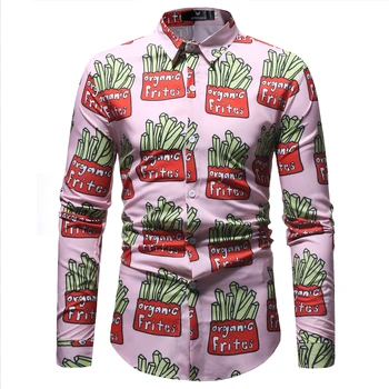 

French Fries Food Print Shirt Men 2018 Spring Autumn New Slim Fit Long Sleeve Shirt Mens Casual Dress Shirts Party Holiday Tops