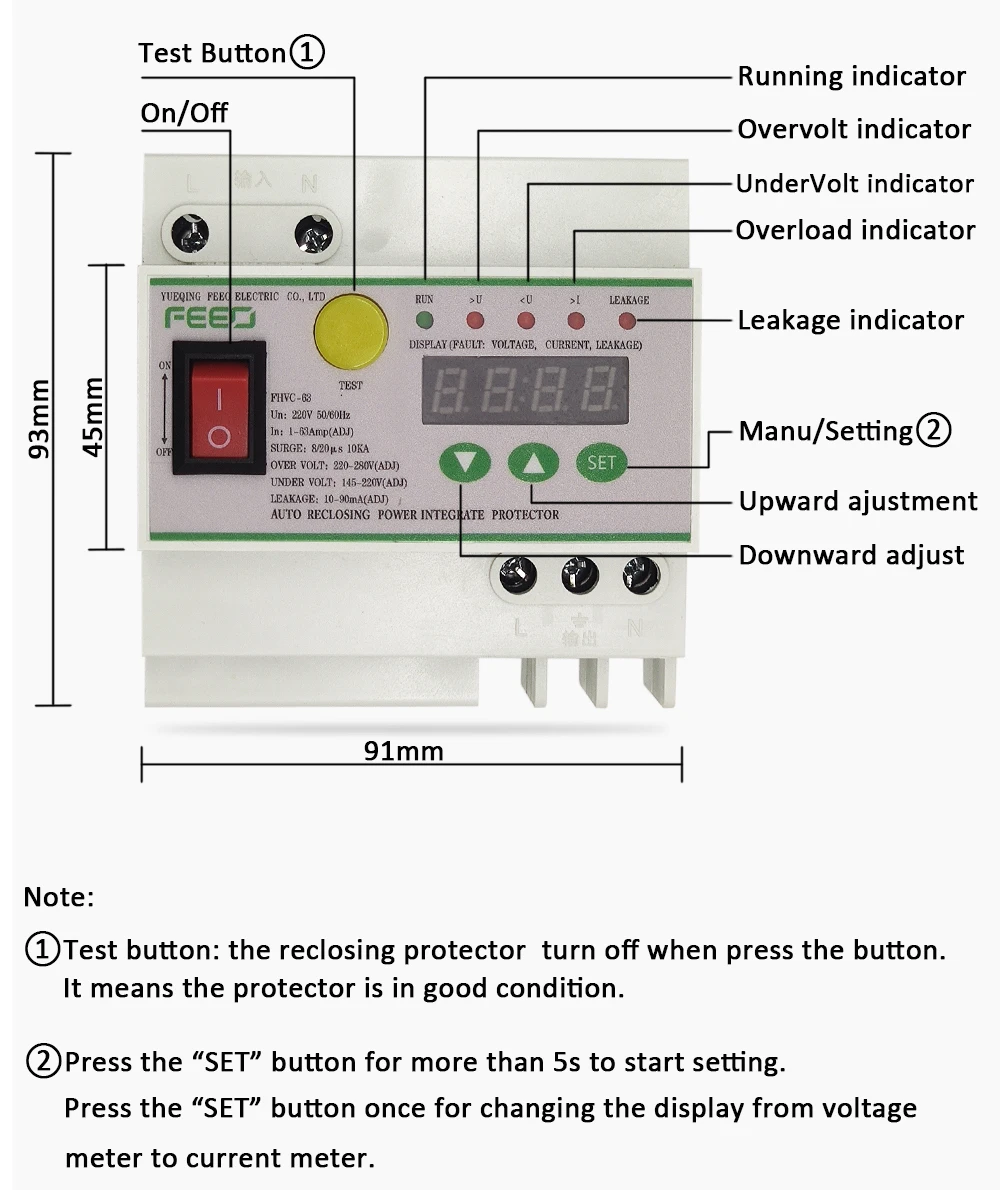 FEEO 1-63A переключатель утечки Автоматический повторный утечка протектор цифровой дисплей 145-280 в молниезащита от перенапряжения